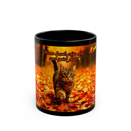 Autumn Cat Mug - Cozy Black Mug for Cat Lovers, Perfect Gift for Fall, Halloween, Thanksgiving, Pet Owners, Home Decor